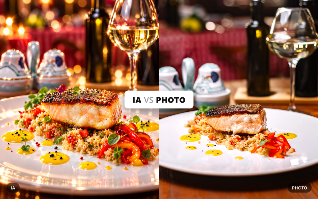 Vídeos con IA en redes sociales lo que crees que muestras y lo que ve tu cliente 1 - Vysite Plated salmon on couscous with colorful vegetables and yellow sauce, in a warm, candlelit restaurant setting.